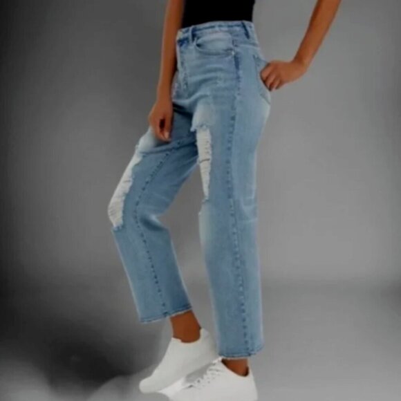 Almost Famous Dad Jean Distressed Ripped Straight Leg Blue Jr Sz 13 345G - Picture 6 of 12